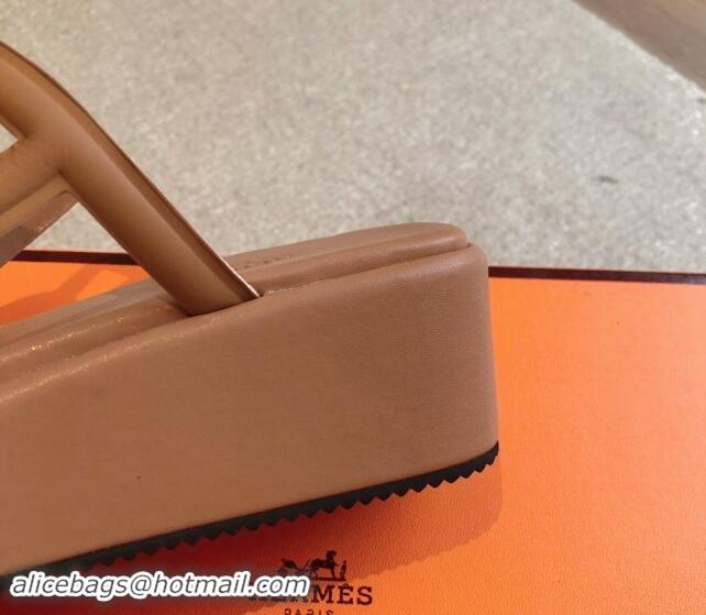 Duplicate Hermes Egerie Wedge Thong Slide Sandals in Nappa Calfskin Light Brown 907067