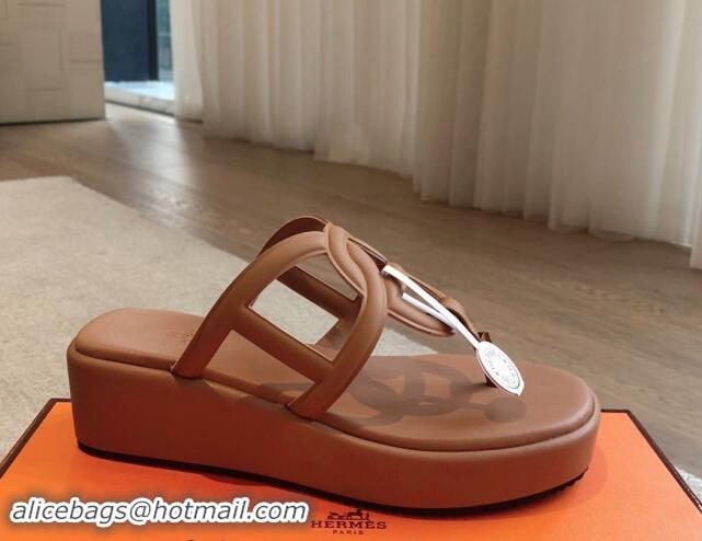 Duplicate Hermes Egerie Wedge Thong Slide Sandals in Nappa Calfskin Light Brown 907067