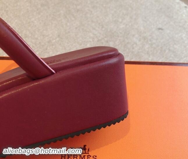 Buy Discount Hermes Egerie Wedge Thong Slide Sandals in Nappa Calfskin Dark Burgundy 907068