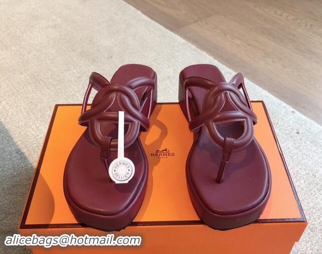 Buy Discount Hermes Egerie Wedge Thong Slide Sandals in Nappa Calfskin Dark Burgundy 907068