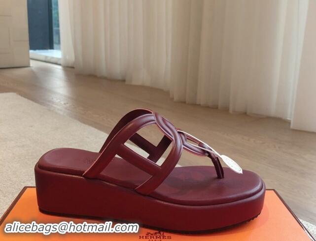 Buy Discount Hermes Egerie Wedge Thong Slide Sandals in Nappa Calfskin Dark Burgundy 907068