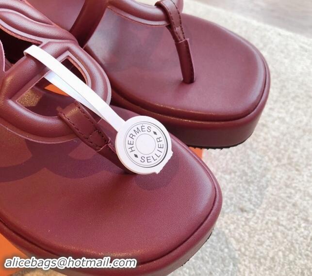 Buy Discount Hermes Egerie Wedge Thong Slide Sandals in Nappa Calfskin Dark Burgundy 907068