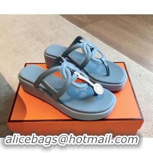 Sumptuous Hermes Egerie Wedge Thong Slide Sandals in Nappa Calfskin Light Blue 907069