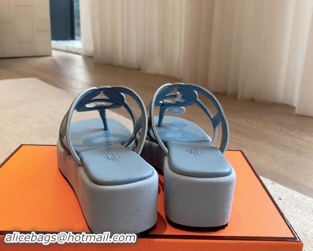 Sumptuous Hermes Egerie Wedge Thong Slide Sandals in Nappa Calfskin Light Blue 907069