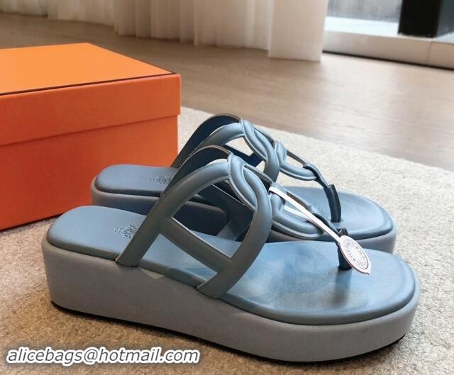 Sumptuous Hermes Egerie Wedge Thong Slide Sandals in Nappa Calfskin Light Blue 907069