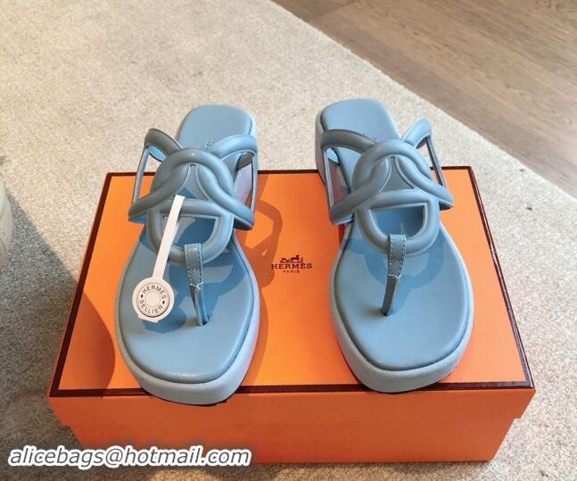 Sumptuous Hermes Egerie Wedge Thong Slide Sandals in Nappa Calfskin Light Blue 907069