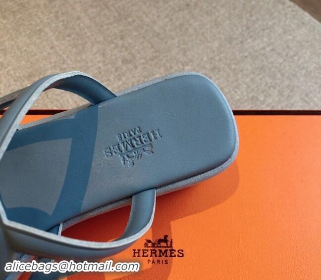 Sumptuous Hermes Egerie Wedge Thong Slide Sandals in Nappa Calfskin Light Blue 907069