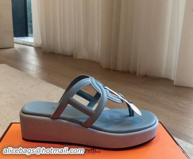 Sumptuous Hermes Egerie Wedge Thong Slide Sandals in Nappa Calfskin Light Blue 907069