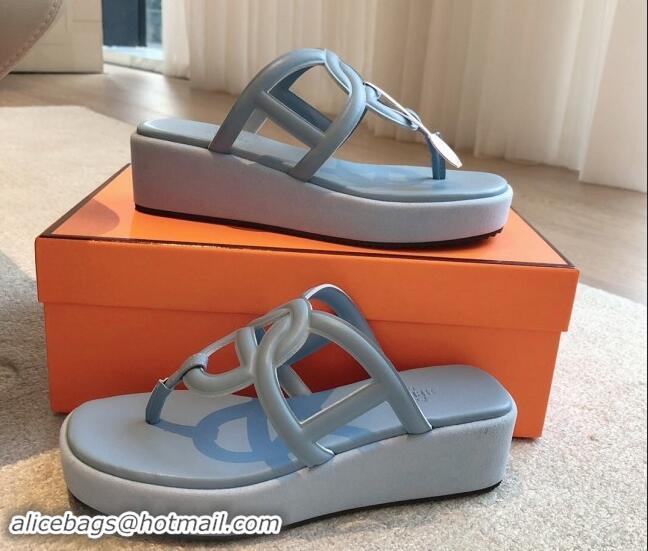 Sumptuous Hermes Egerie Wedge Thong Slide Sandals in Nappa Calfskin Light Blue 907069