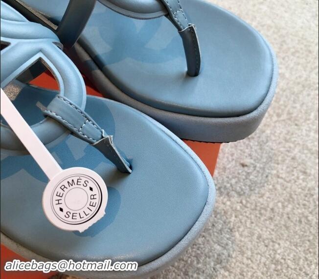 Sumptuous Hermes Egerie Wedge Thong Slide Sandals in Nappa Calfskin Light Blue 907069