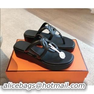 Purchase Hermes Egerie Wedge Thong Slide Sandals in Nappa Calfskin Black 907070