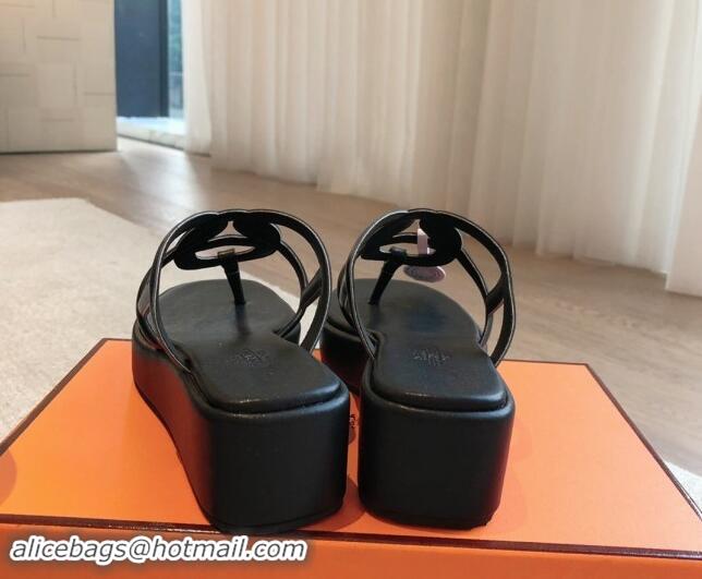 Purchase Hermes Egerie Wedge Thong Slide Sandals in Nappa Calfskin Black 907070