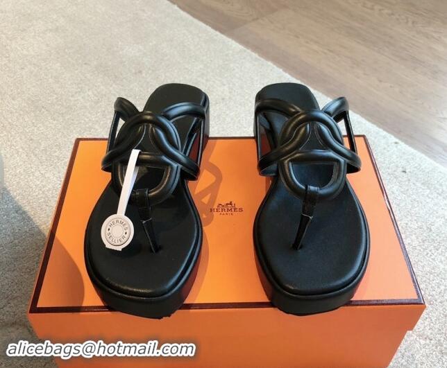 Purchase Hermes Egerie Wedge Thong Slide Sandals in Nappa Calfskin Black 907070