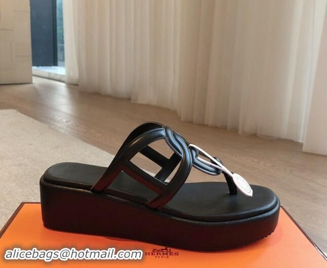 Purchase Hermes Egerie Wedge Thong Slide Sandals in Nappa Calfskin Black 907070