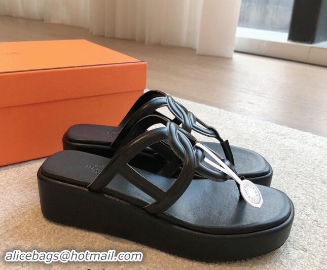 Purchase Hermes Egerie Wedge Thong Slide Sandals in Nappa Calfskin Black 907070