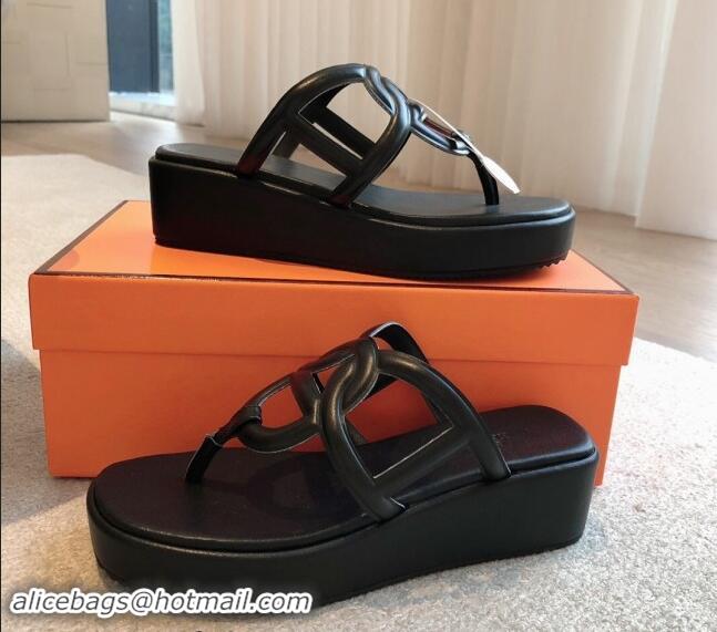 Purchase Hermes Egerie Wedge Thong Slide Sandals in Nappa Calfskin Black 907070