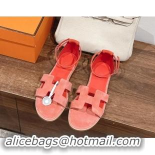 Stylish Hermes Santorini Flat Sandals in Suede Peachy Pink 909001