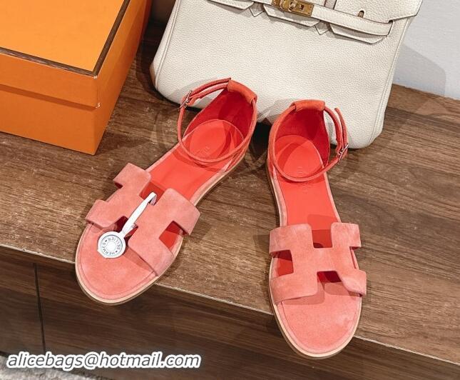 Stylish Hermes Santorini Flat Sandals in Suede Peachy Pink 909001