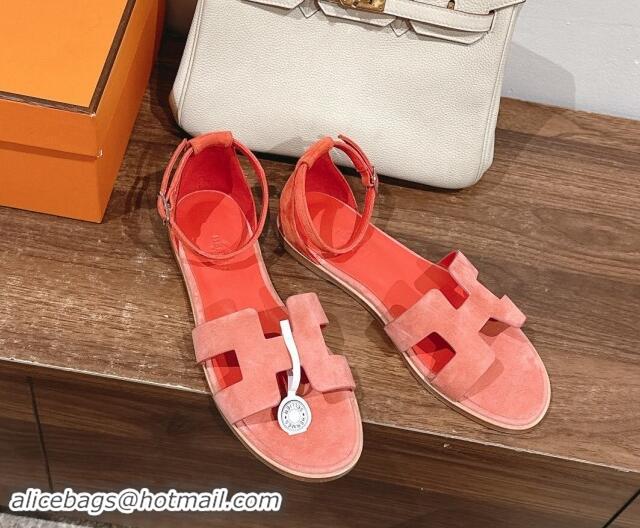 Stylish Hermes Santorini Flat Sandals in Suede Peachy Pink 909001