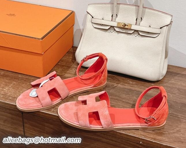 Stylish Hermes Santorini Flat Sandals in Suede Peachy Pink 909001