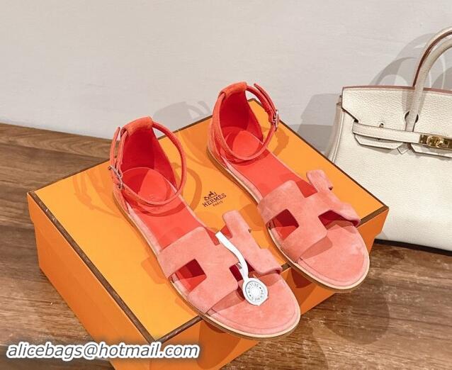 Stylish Hermes Santorini Flat Sandals in Suede Peachy Pink 909001