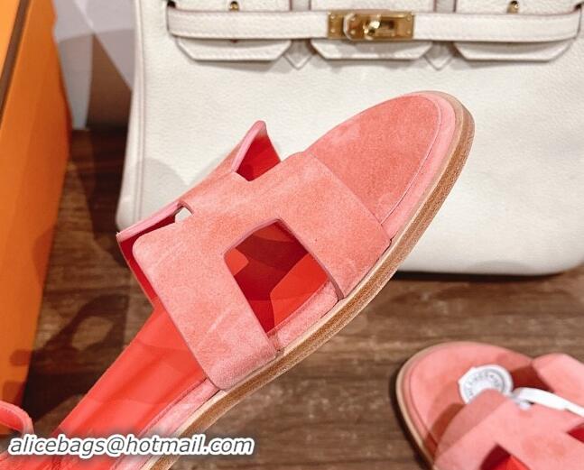 Stylish Hermes Santorini Flat Sandals in Suede Peachy Pink 909001