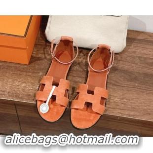 Unique Style Hermes Santorini Flat Sandals in Suede Orange 909003