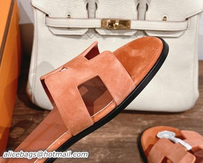 Unique Style Hermes Santorini Flat Sandals in Suede Orange 909003