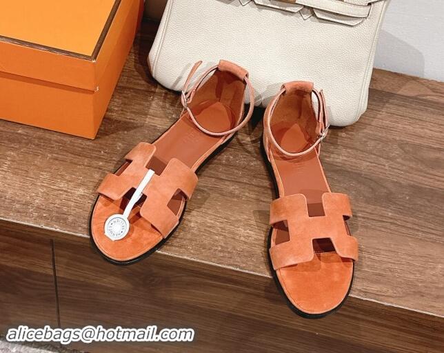 Unique Style Hermes Santorini Flat Sandals in Suede Orange 909003