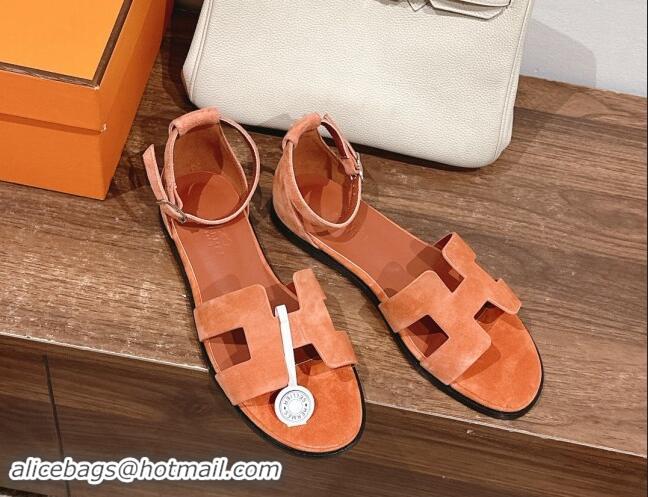 Unique Style Hermes Santorini Flat Sandals in Suede Orange 909003