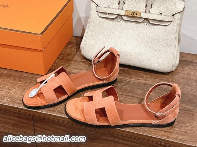 Unique Style Hermes Santorini Flat Sandals in Suede Orange 909003