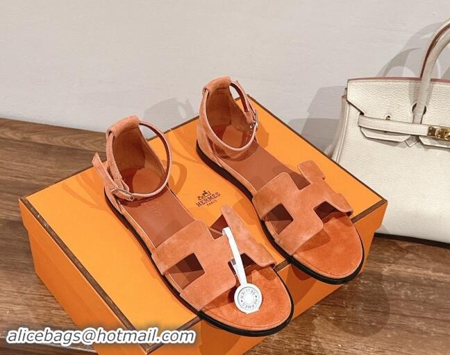 Unique Style Hermes Santorini Flat Sandals in Suede Orange 909003