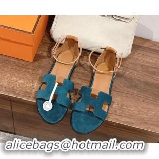 Best Price Hermes Santorini Flat Sandals in Suede Peacock Green 909002