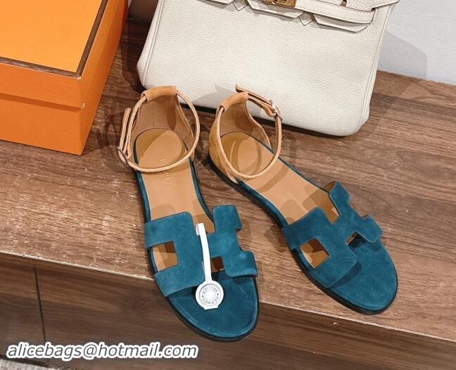 Best Price Hermes Santorini Flat Sandals in Suede Peacock Green 909002