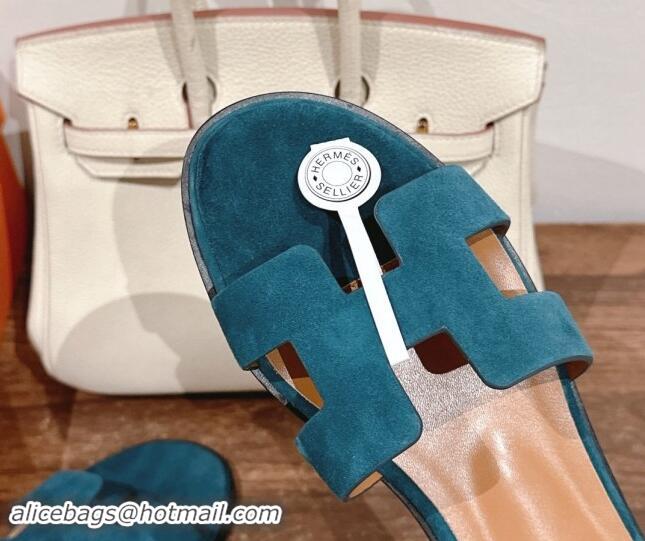 Best Price Hermes Santorini Flat Sandals in Suede Peacock Green 909002