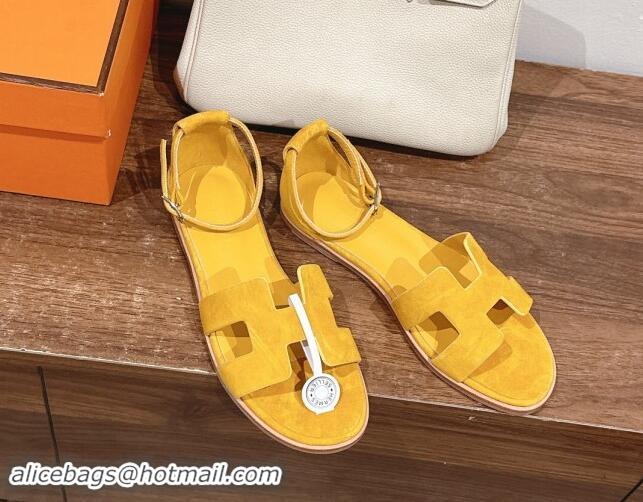 Perfect Hermes Santorini Flat Sandals in Suede Yellow 909004