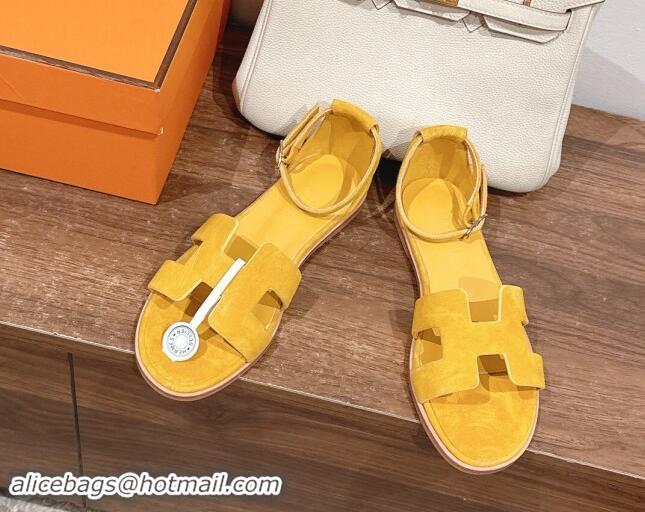 Perfect Hermes Santorini Flat Sandals in Suede Yellow 909004