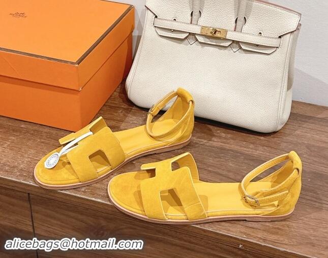 Perfect Hermes Santorini Flat Sandals in Suede Yellow 909004