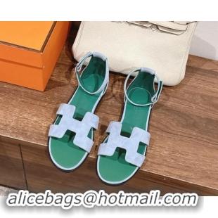 Grade Quality Hermes Santorini Flat Sandals in Suede Blue/Green 909005