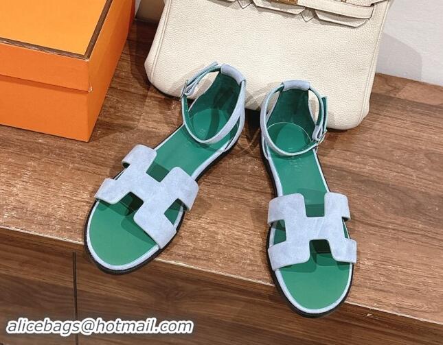 Grade Quality Hermes Santorini Flat Sandals in Suede Blue/Green 909005