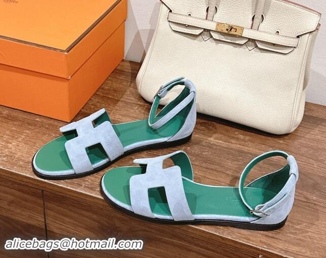 Grade Quality Hermes Santorini Flat Sandals in Suede Blue/Green 909005