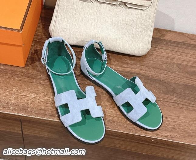 Grade Quality Hermes Santorini Flat Sandals in Suede Blue/Green 909005