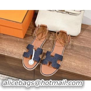 Pretty Style Hermes Santorini Flat Sandals in Dark Blue Denim 909006