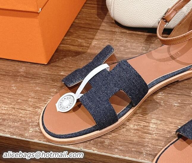 Pretty Style Hermes Santorini Flat Sandals in Dark Blue Denim 909006