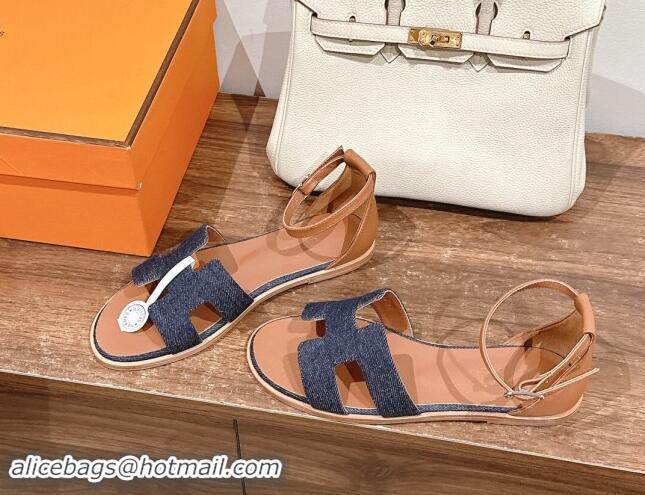 Pretty Style Hermes Santorini Flat Sandals in Dark Blue Denim 909006