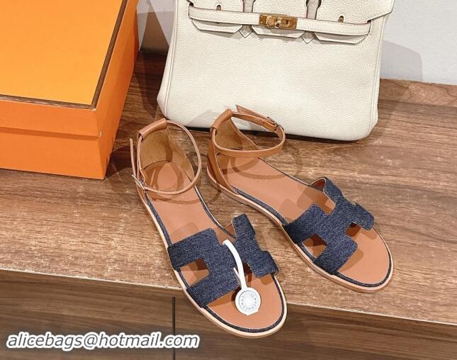 Pretty Style Hermes Santorini Flat Sandals in Dark Blue Denim 909006