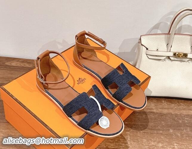 Pretty Style Hermes Santorini Flat Sandals in Dark Blue Denim 909006