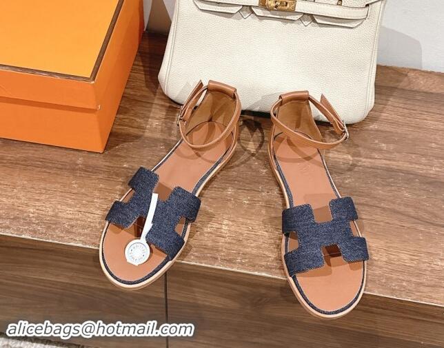 Pretty Style Hermes Santorini Flat Sandals in Dark Blue Denim 909006