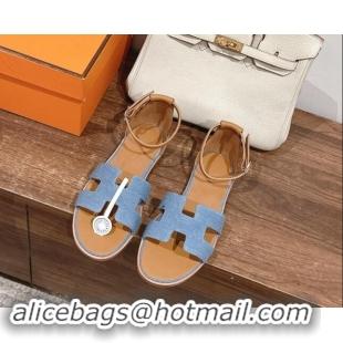 Good Quality Hermes Santorini Flat Sandals in Light Blue Denim 909007