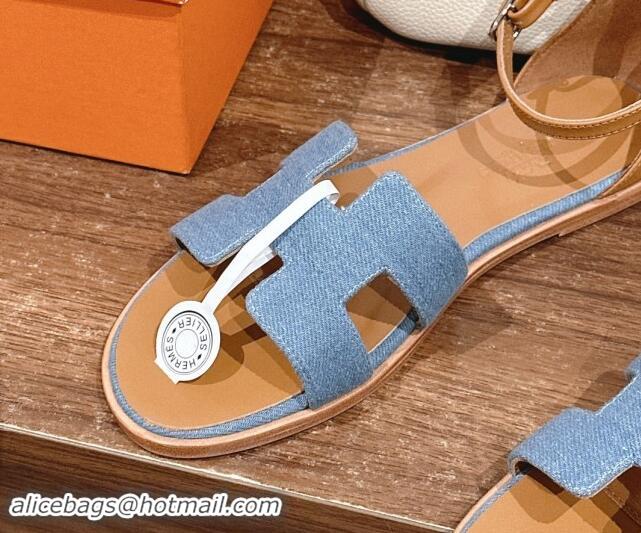 Good Quality Hermes Santorini Flat Sandals in Light Blue Denim 909007